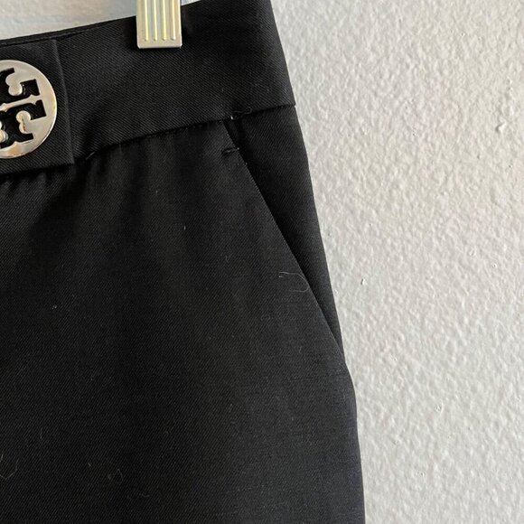 Tory Burch Wide Leg Career Pant Black Large Silver Logo Button Wool Blend Size 8 - Picture 4 of 11